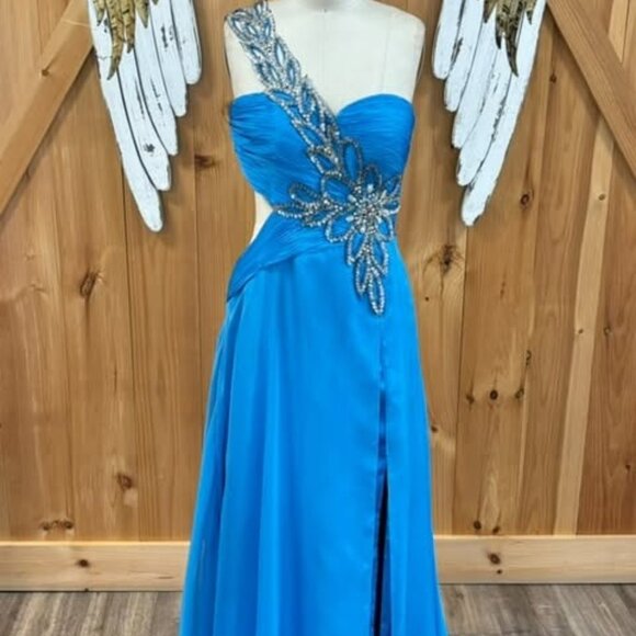 Light blue one shoulder dress with silver detailed strap over right shoulder